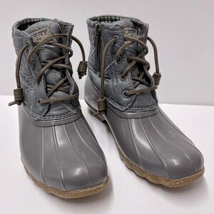 Sperry Classic Top Sider Lace Up Ankle Rain Boots Gray Plaid Lining Sz 5 1/2